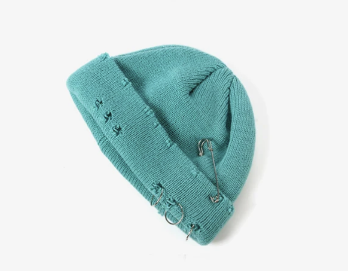 Distressed Unisex Winter Warm Beanie Pin Design Hole Fashion Skullcap Hat
