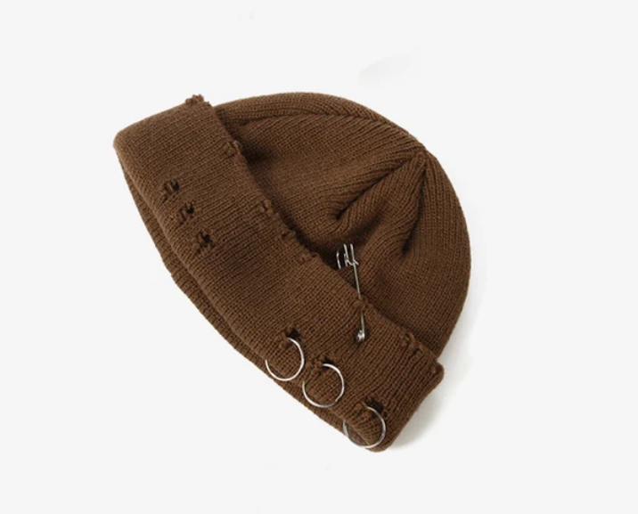 Distressed Unisex Winter Warm Beanie Pin Design Hole Fashion Skullcap Hat