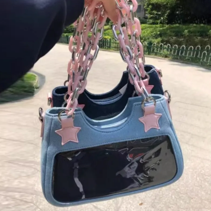 Trending Korean Denim Chain Shoulder Star Trending Customize Tote Bag