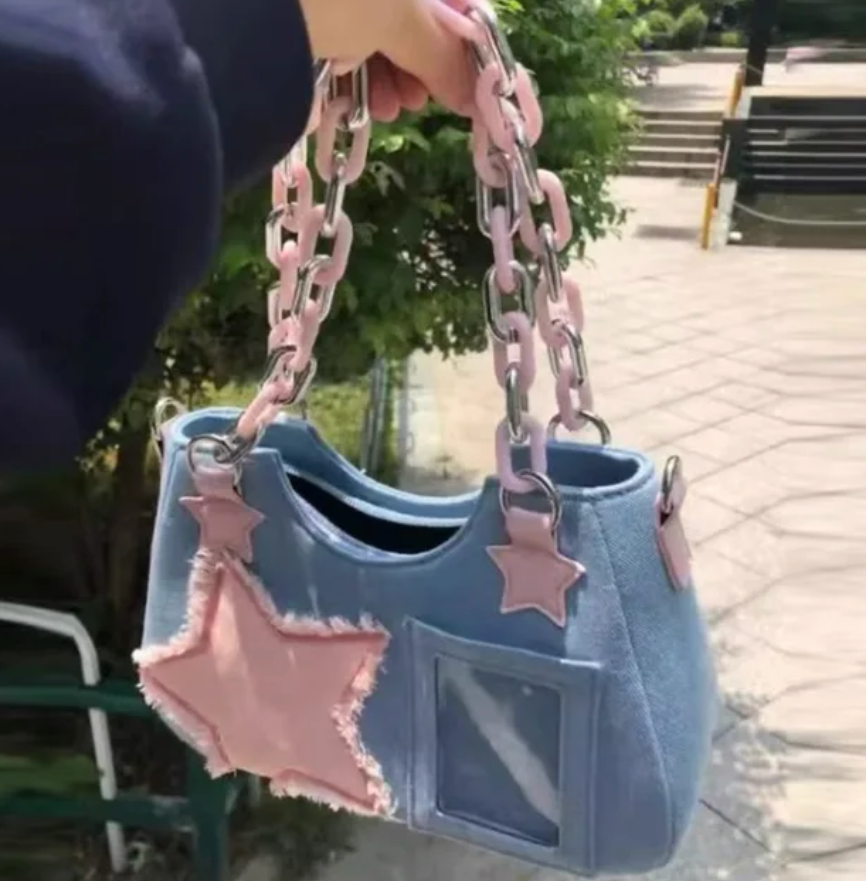 Trending Korean Denim Chain Shoulder Star Trending Customize Tote Bag