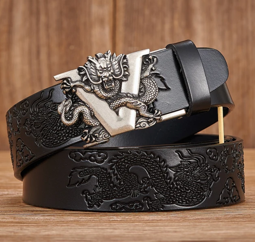 Mens Chinese Dragon Genuine Leather Belt Carving Pattern Cowskin Leather