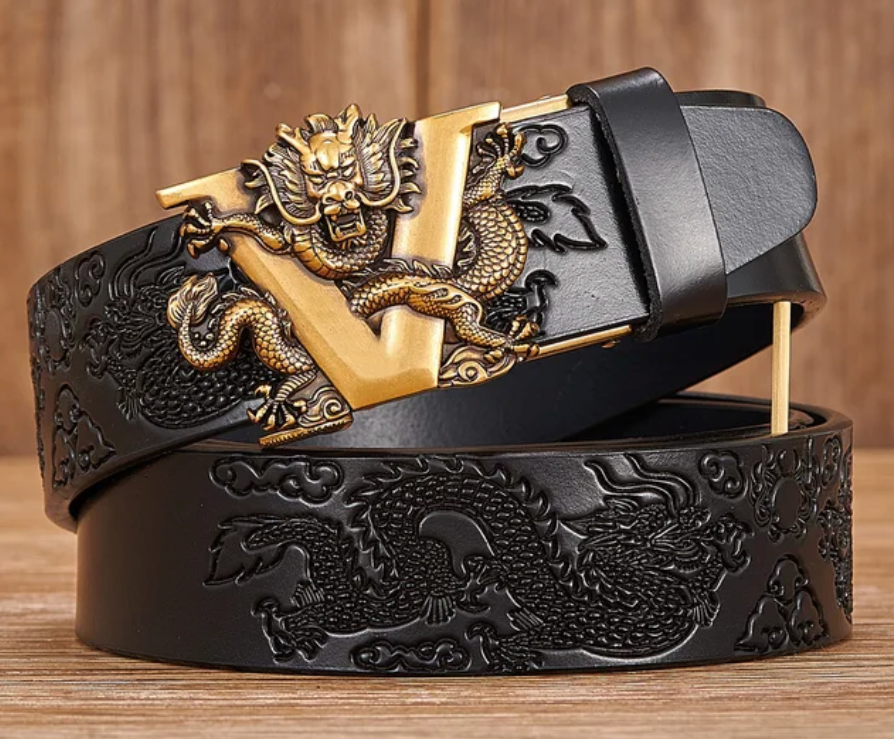 Mens Chinese Dragon Genuine Leather Belt Carving Pattern Cowskin Leather