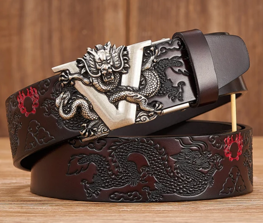 Mens Chinese Dragon Genuine Leather Belt Carving Pattern Cowskin Leather