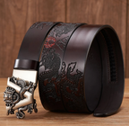 Mens Chinese Dragon Genuine Leather Belt Carving Pattern Cowskin Leather