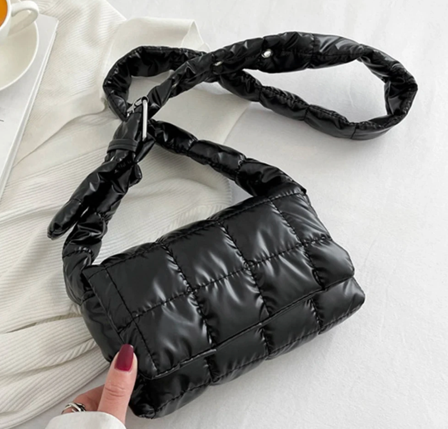 Cotton Padded Fashion Quilted Womans Metalic Crossbody Long Strap Ladies Purse