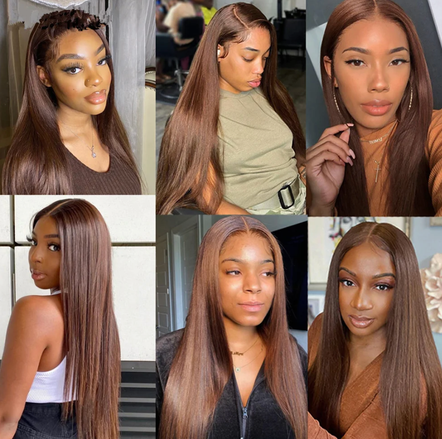 🔥Chocolate Brown Straight Transparent Lace Pre-Plucked 13x4 4x4 Lace 180% Density Frontal Human Hair Wig