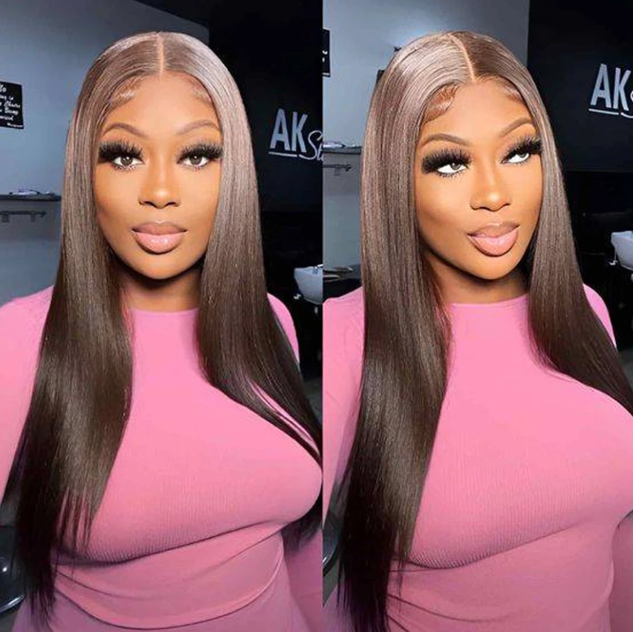 🔥Chocolate Brown Straight Transparent Lace Pre-Plucked 13x4 4x4 Lace 180% Density Frontal Human Hair Wig