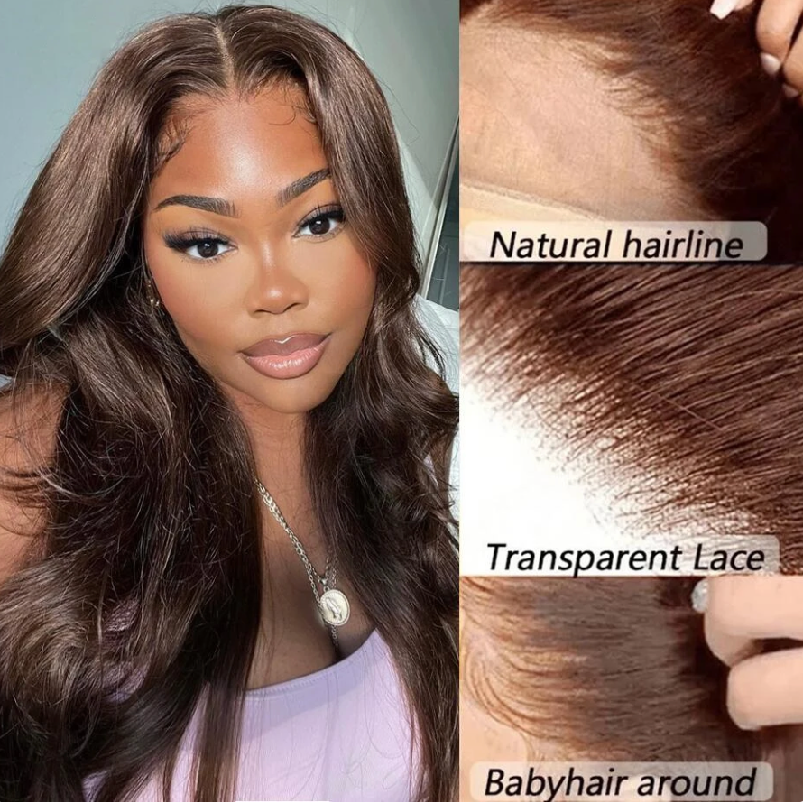 🔥Chocolate Brown Straight Transparent Lace Pre-Plucked 13x4 4x4 Lace 180% Density Frontal Human Hair Wig