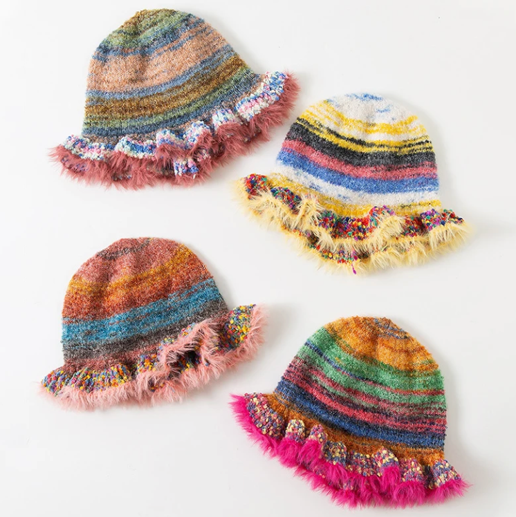 Ruffle Wollen Knitted Rainbow Hat Fisherman Warm Trending Cap