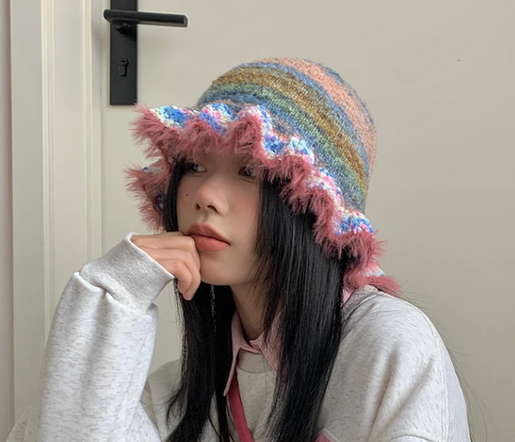 Ruffle Wollen Knitted Rainbow Hat Fisherman Warm Trending Cap