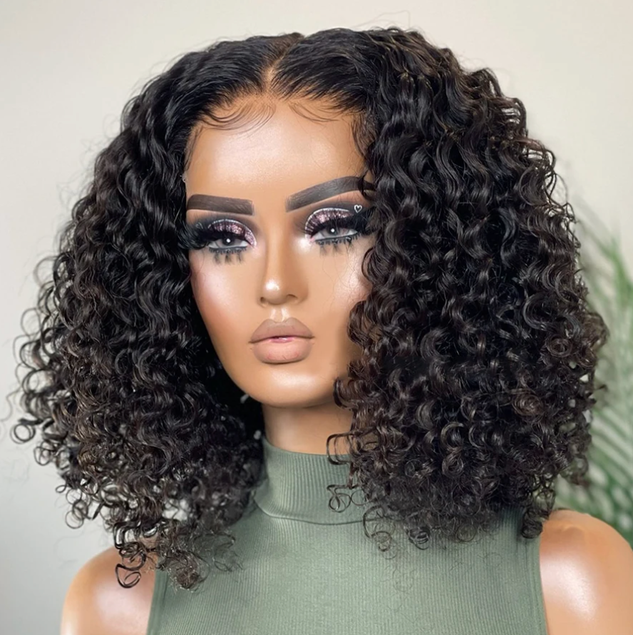 Deep Wave Natural Short Bob 13x4 180% Density Human Black Hair Lace Front Curly Wig Unit