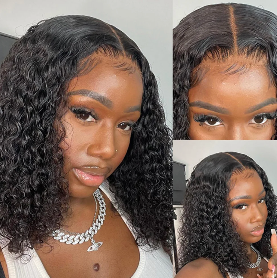 Deep Wave Natural Short Bob 13x4 180% Density Human Black Hair Lace Front Curly Wig Unit