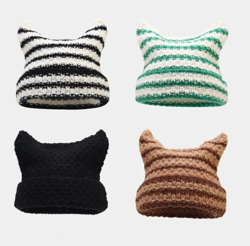 Handmade Japanese Cat Ear Trending Unisex Beanie Warm Skully Winter Cap Headwear