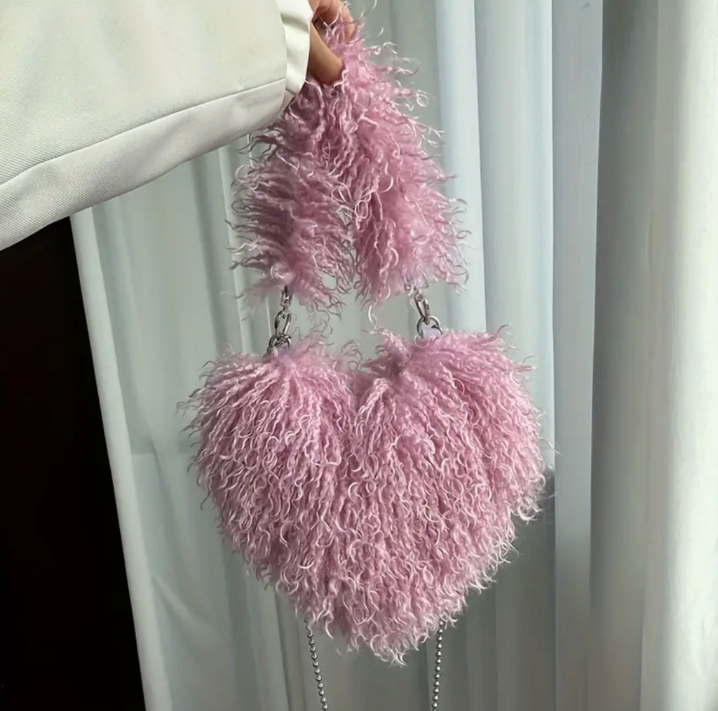 Heart Shape Shoulder Y2k Woman Plush Purse Furry Chain Trendy Satchel Handbag