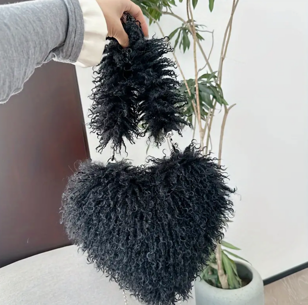Heart Shape Shoulder Y2k Woman Plush Purse Furry Chain Trendy Satchel Handbag