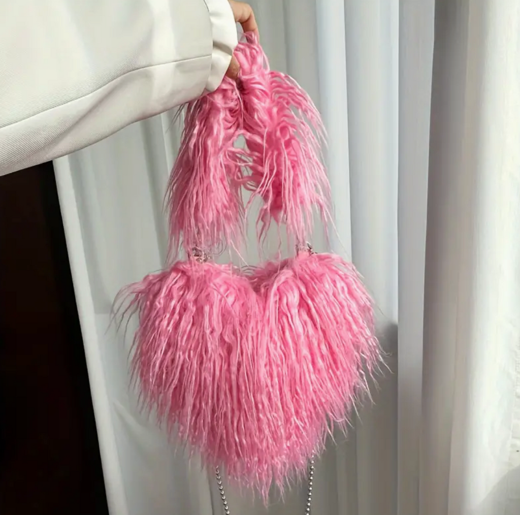 Heart Shape Shoulder Y2k Woman Plush Purse Furry Chain Trendy Satchel Handbag