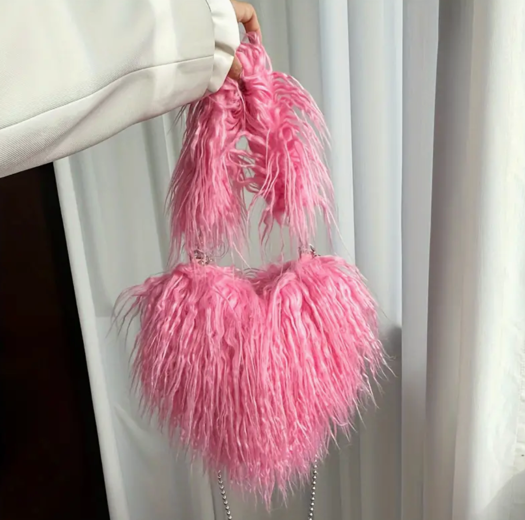 Heart Shape Shoulder Y2k Woman Plush Purse Furry Chain Trendy Satchel Handbag