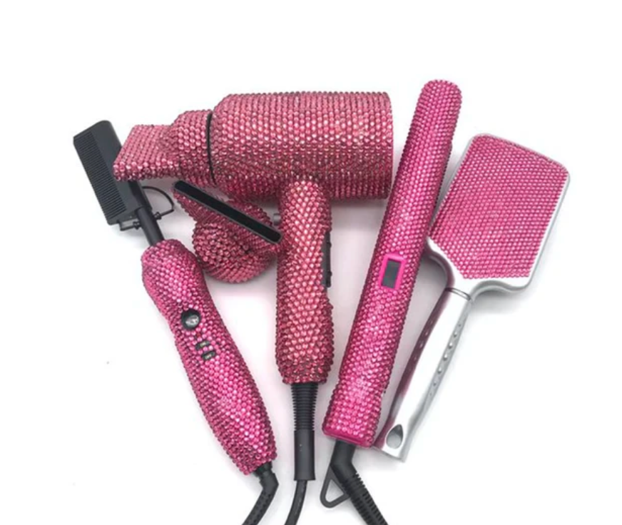 Rhinestone 4Pcs Set Hair Tools Bedazzled Blow Dryer Hot Comb Flat Iron Brush Crystal Hair Styling Tools