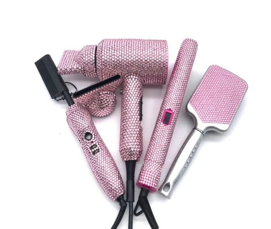 Rhinestone 4Pcs Set Hair Tools Bedazzled Blow Dryer Hot Comb Flat Iron Brush Crystal Hair Styling Tools