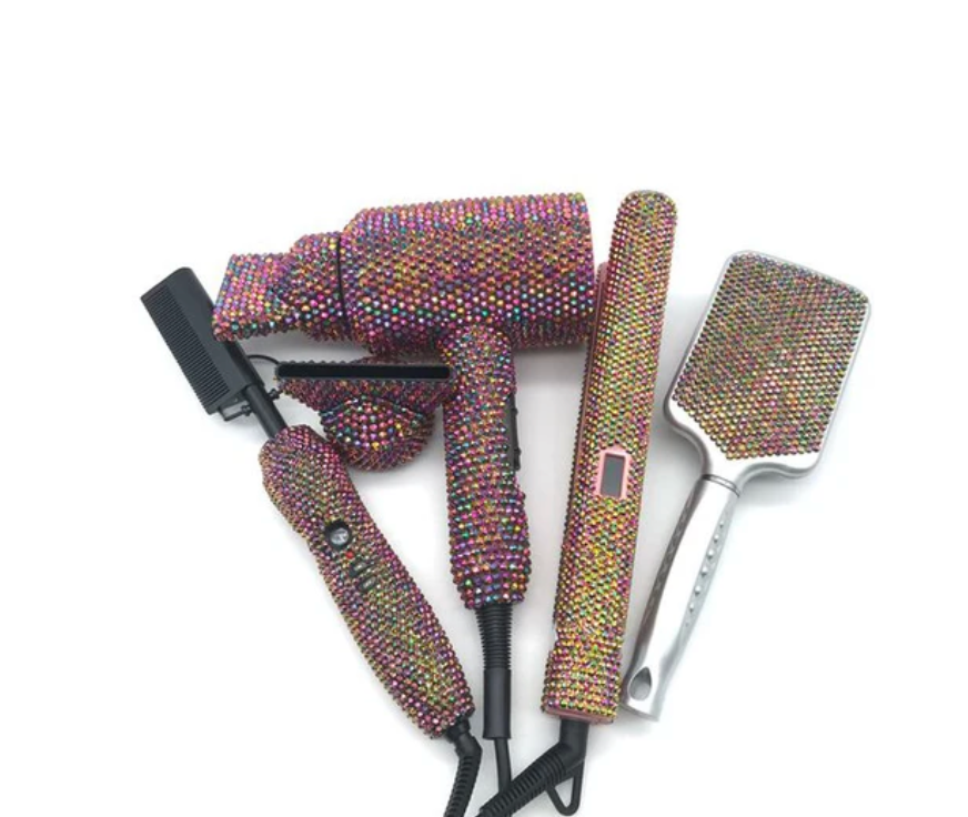 Rhinestone 4Pcs Set Hair Tools Bedazzled Blow Dryer Hot Comb Flat Iron Brush Crystal Hair Styling Tools