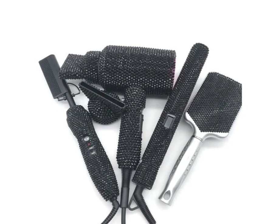 Rhinestone 4Pcs Set Hair Tools Bedazzled Blow Dryer Hot Comb Flat Iron Brush Crystal Hair Styling Tools