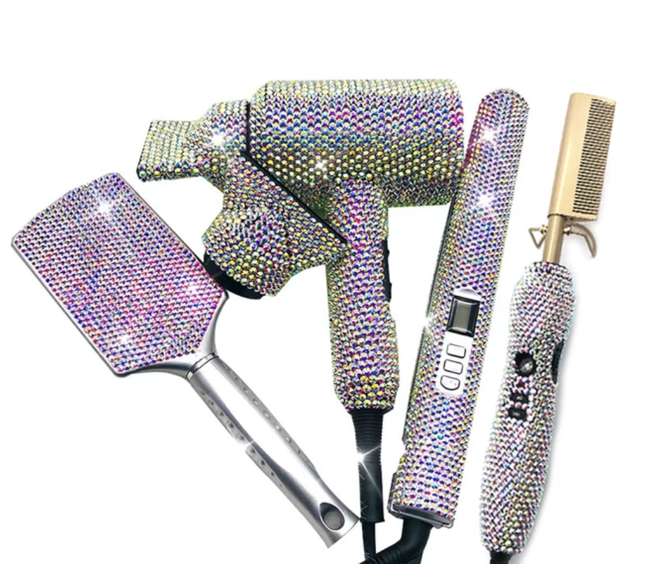 Rhinestone 4Pcs Set Hair Tools Bedazzled Blow Dryer Hot Comb Flat Iron Brush Crystal Hair Styling Tools
