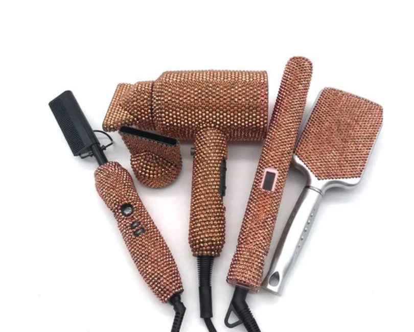 Rhinestone 4Pcs Set Hair Tools Bedazzled Blow Dryer Hot Comb Flat Iron Brush Crystal Hair Styling Tools