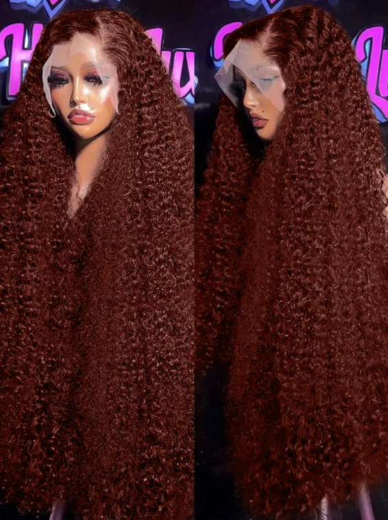 Reddish Brown Deep Wave Brazilian Human Hair 180% Density Transparent Lace Curly Wig