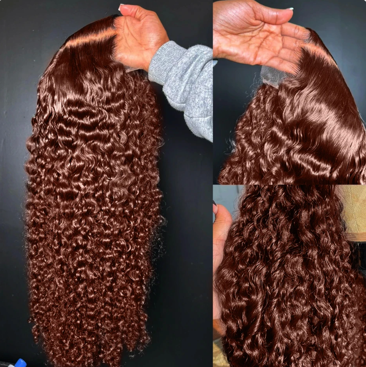 Reddish Brown Deep Wave Brazilian Human Hair 180% Density Transparent Lace Curly Wig