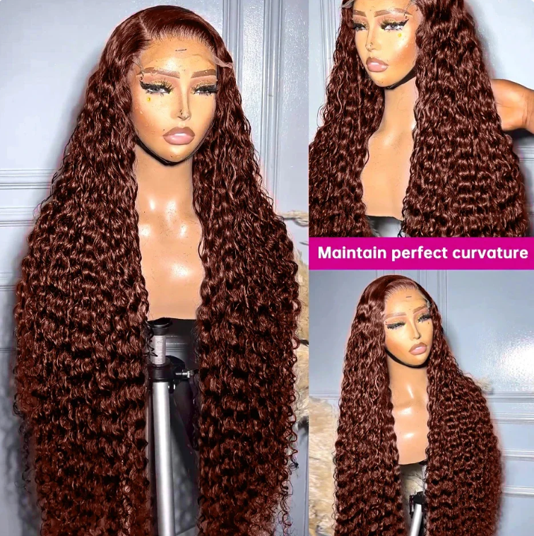Reddish Brown Deep Wave Brazilian Human Hair 180% Density Transparent Lace Curly Wig