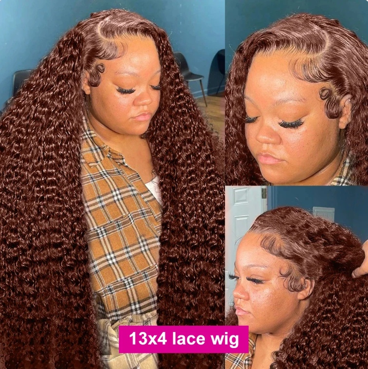 Reddish Brown Deep Wave Brazilian Human Hair 180% Density Transparent Lace Curly Wig