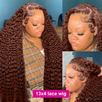 Reddish Brown Deep Wave Brazilian Human Hair 180% Density Transparent Lace Curly Wig