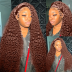 Reddish Brown Deep Wave Brazilian Human Hair 180% Density Transparent Lace Curly Wig