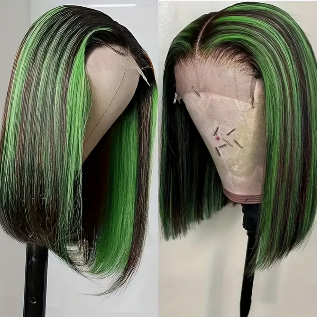 13x4 Lace Closure Straight Brazilian Green Black 180% Density Highlighted Bob Human Hair Wig For Women