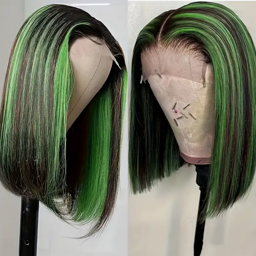 13x4 Lace Closure Straight Brazilian Green Black 180% Density Highlighted Bob Human Hair Wig For Women