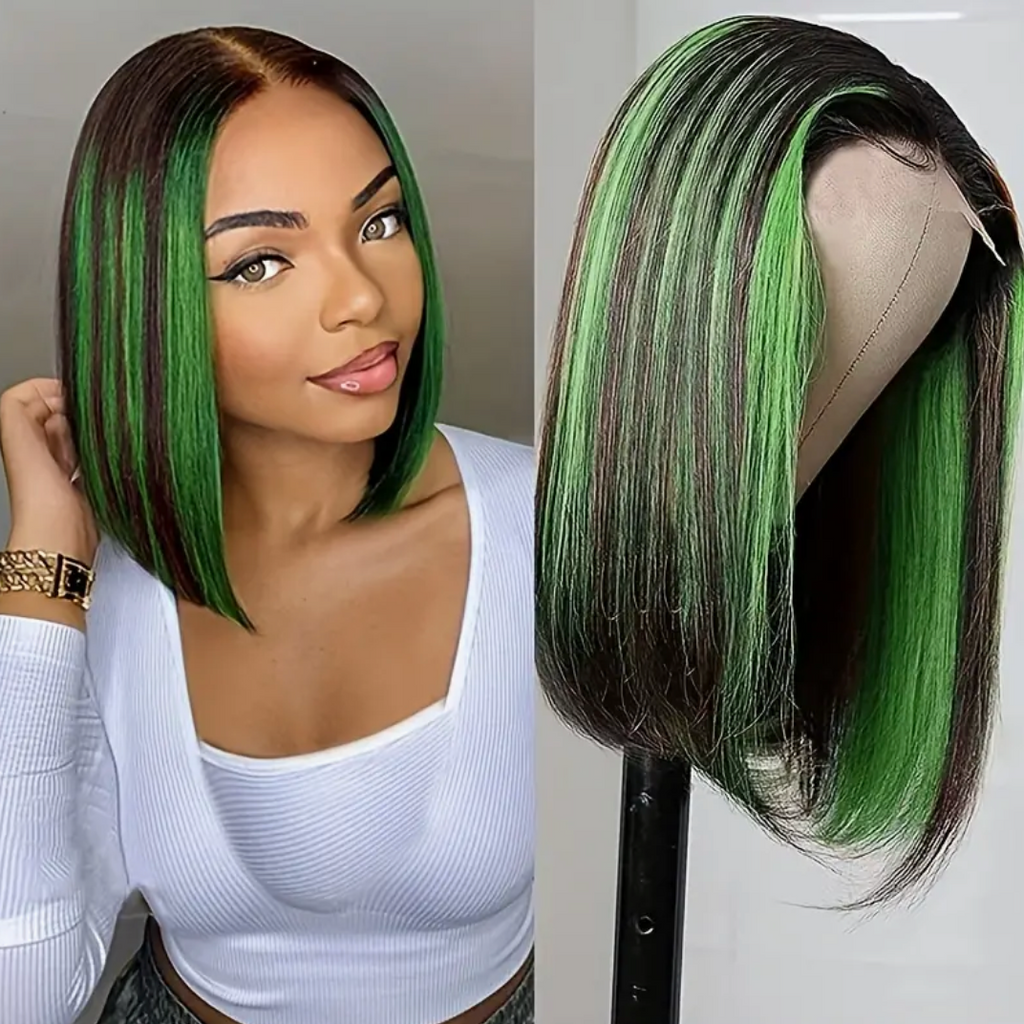 13x4 Lace Closure Straight Brazilian Green Black 180% Density Highlighted Bob Human Hair Wig For Women
