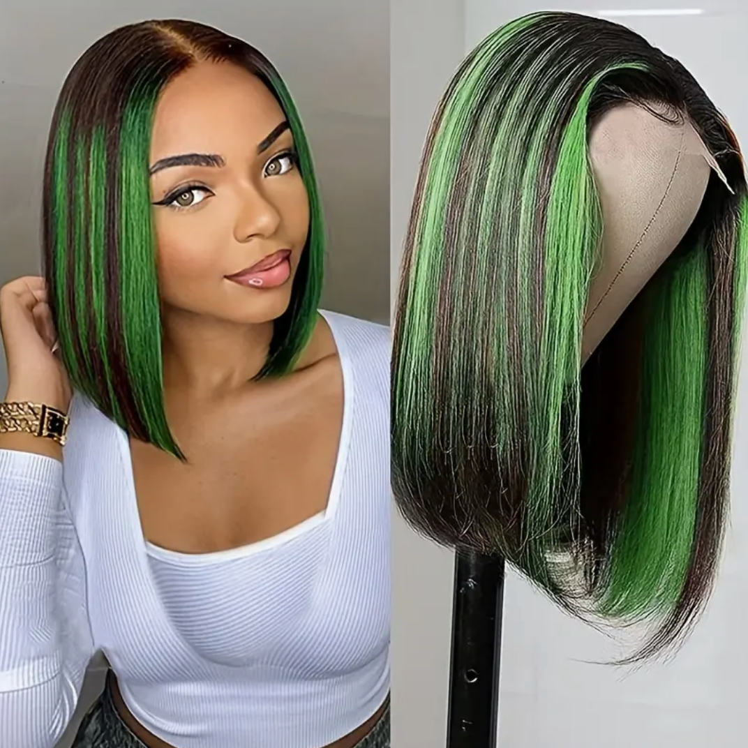 13x4 Lace Closure Straight Brazilian Green Black 180% Density Highlighted Bob Human Hair Wig For Women