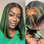 13x4 Lace Closure Straight Brazilian Green Black 180% Density Highlighted Bob Human Hair Wig For Women