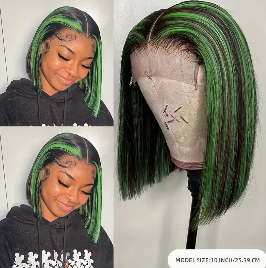 13x4 Lace Closure Straight Brazilian Green Black 180% Density Highlighted Bob Human Hair Wig For Women
