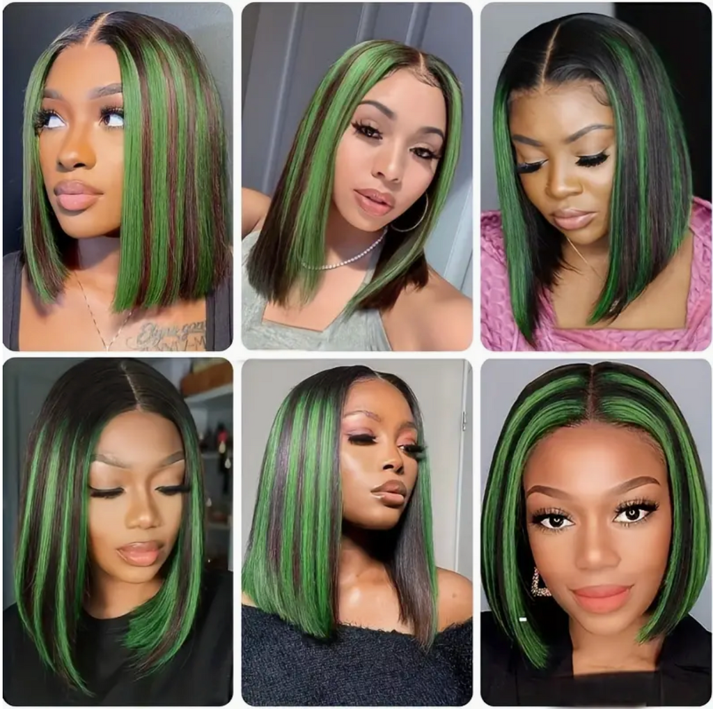 13x4 Lace Closure Straight Brazilian Green Black 180% Density Highlighted Bob Human Hair Wig For Women