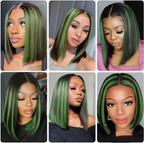 13x4 Lace Closure Straight Brazilian Green Black 180% Density Highlighted Bob Human Hair Wig For Women