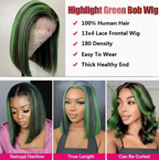 13x4 Lace Closure Straight Brazilian Green Black 180% Density Highlighted Bob Human Hair Wig For Women