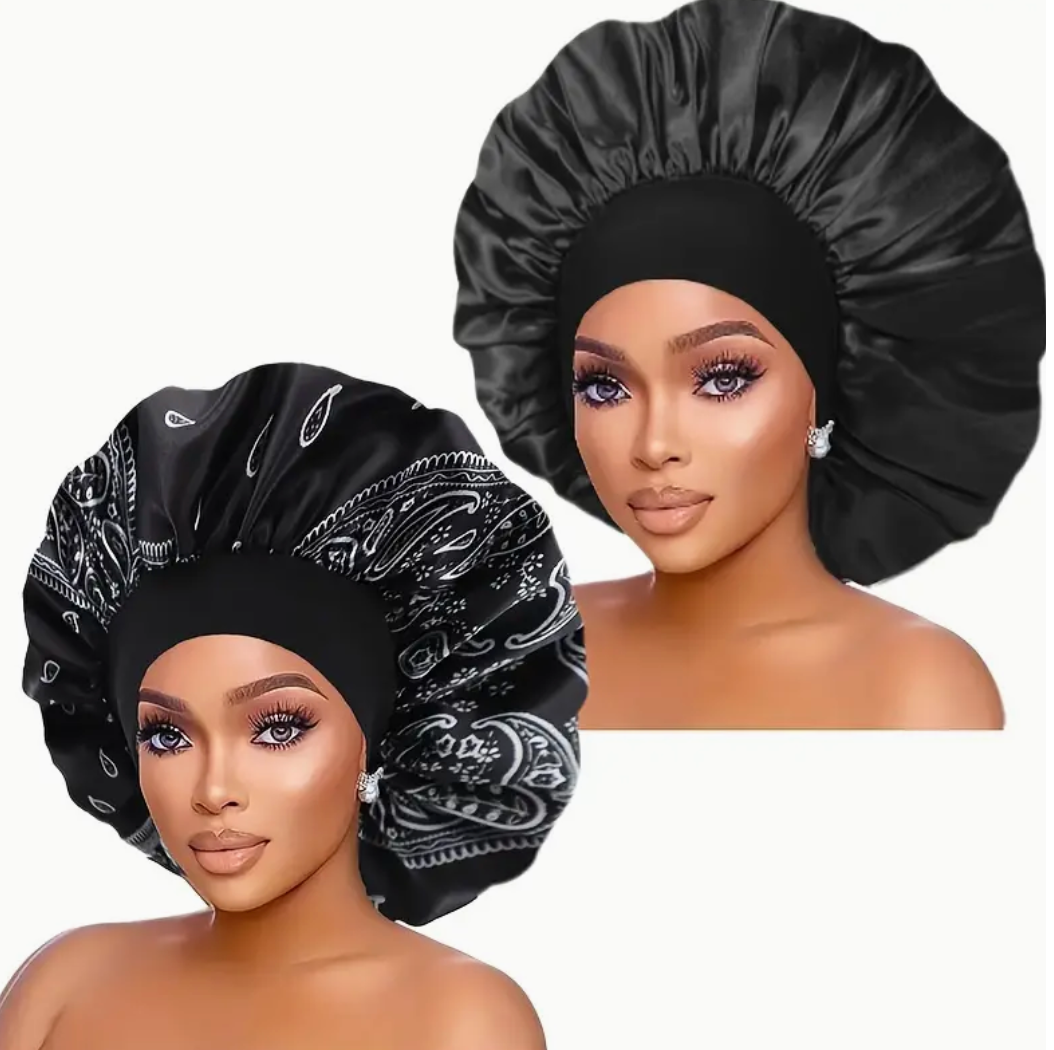 2 Pcs Large Wide Band  Womans Bonnet Set Soft Night Cap Solid Color
