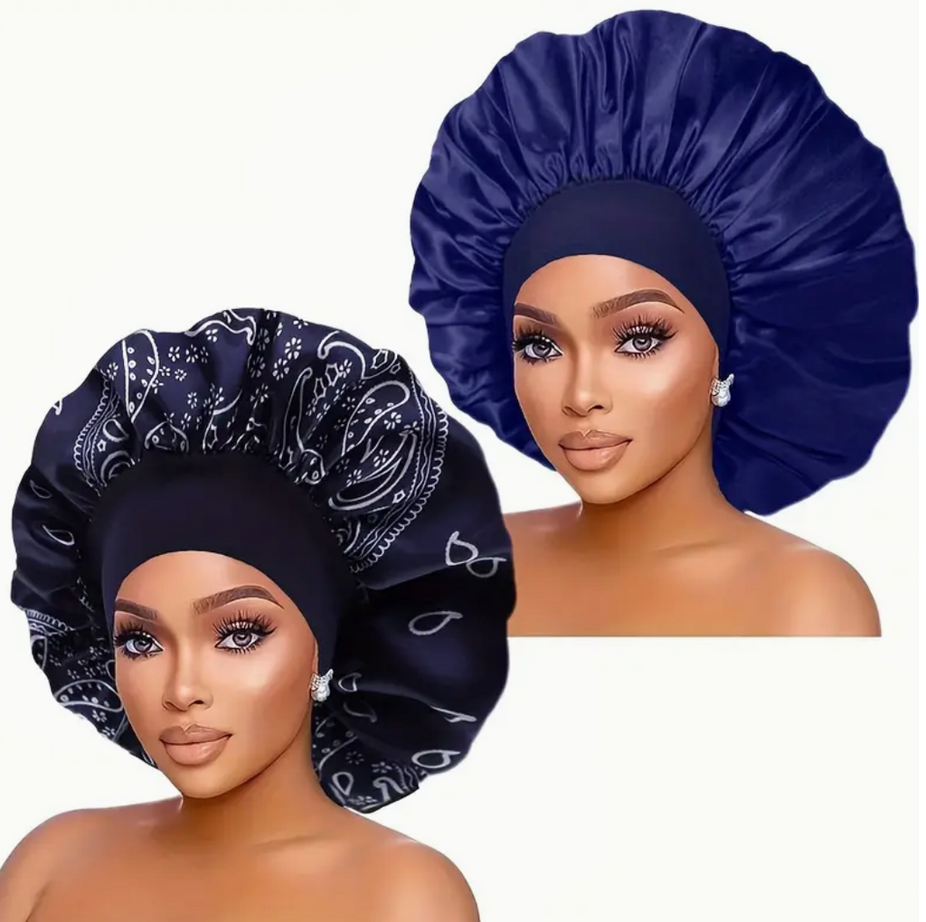 2 Pcs Large Wide Band  Womans Bonnet Set Soft Night Cap Solid Color