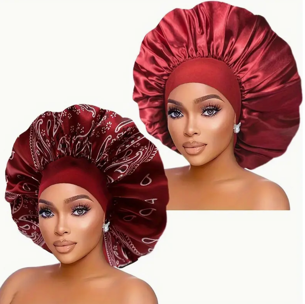 2 Pcs Large Wide Band  Womans Bonnet Set Soft Night Cap Solid Color