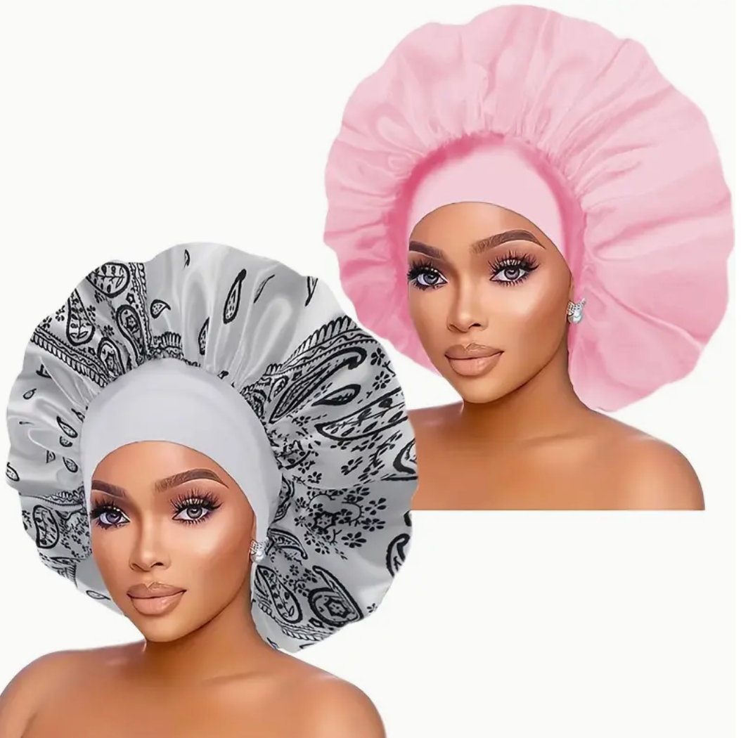 2 Pcs Large Wide Band  Womans Bonnet Set Soft Night Cap Solid Color