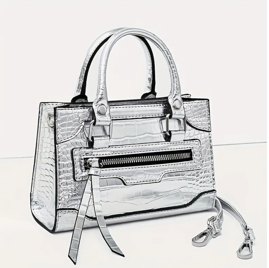Mini Crocodile Patter Silver Shoulder Faux Leather Cross Body Womans Bag Trending Handbag
