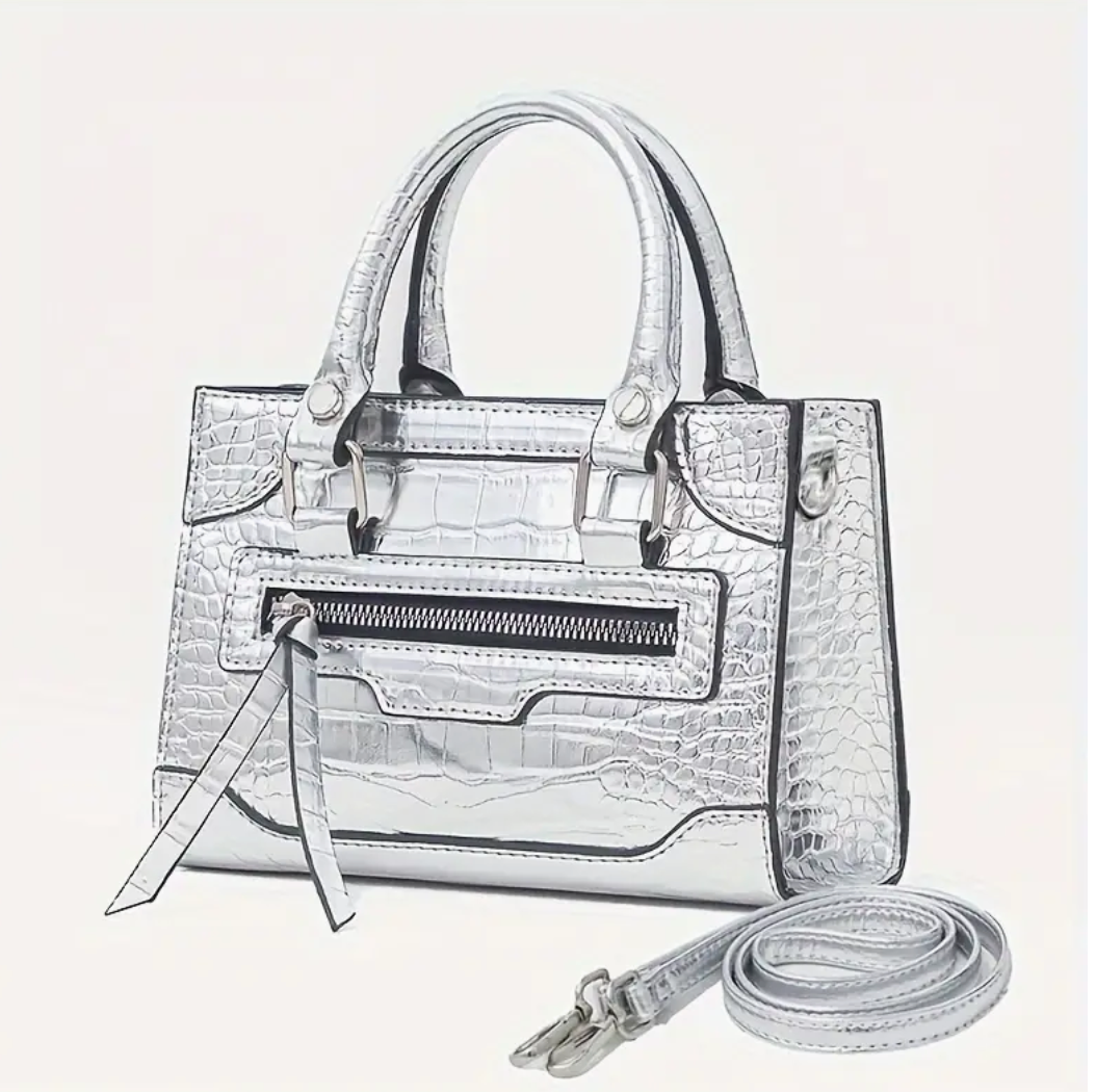 Mini Crocodile Patter Silver Shoulder Faux Leather Cross Body Womans Bag Trending Handbag