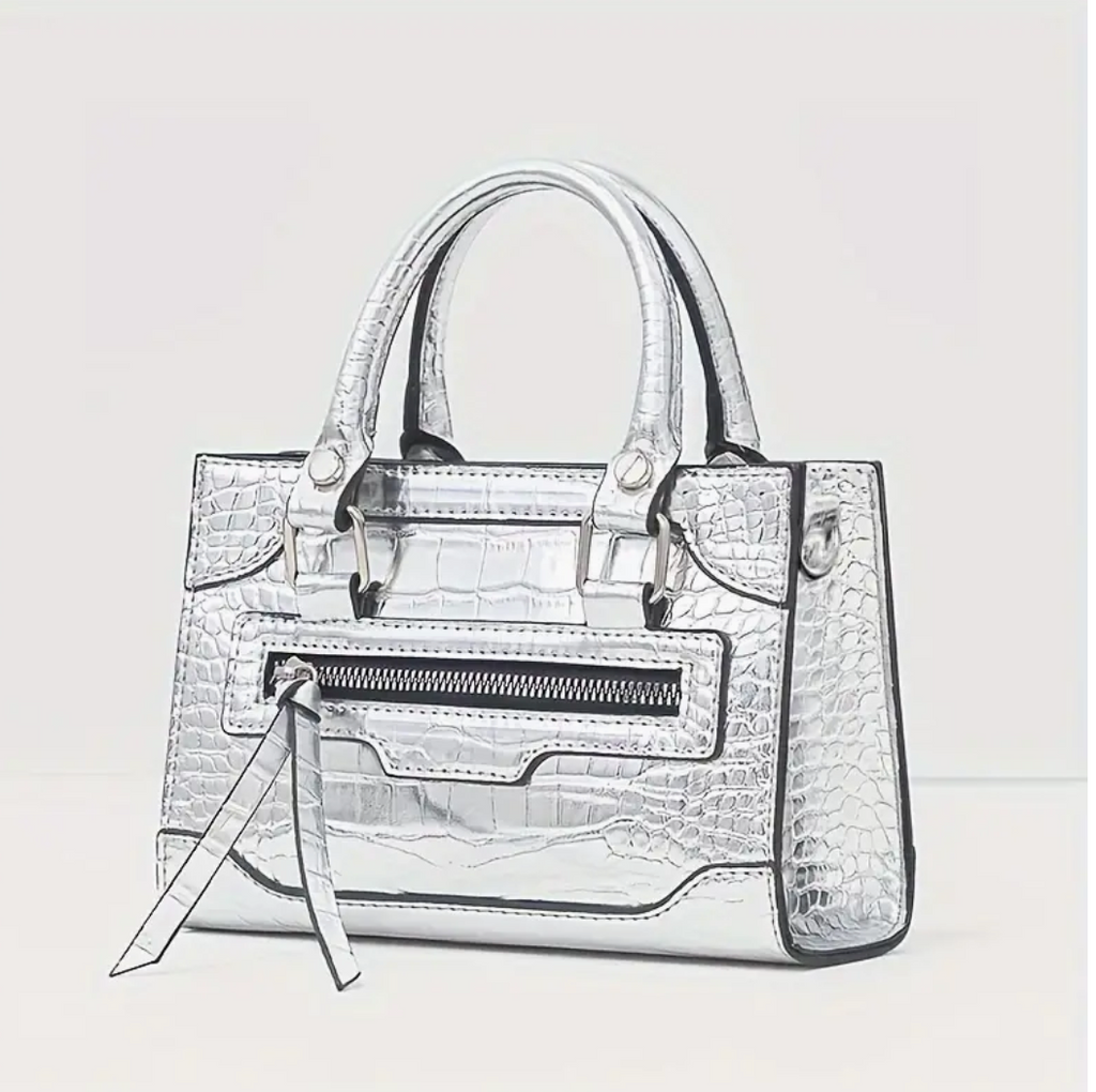 Mini Crocodile Patter Silver Shoulder Faux Leather Cross Body Womans Bag Trending Handbag
