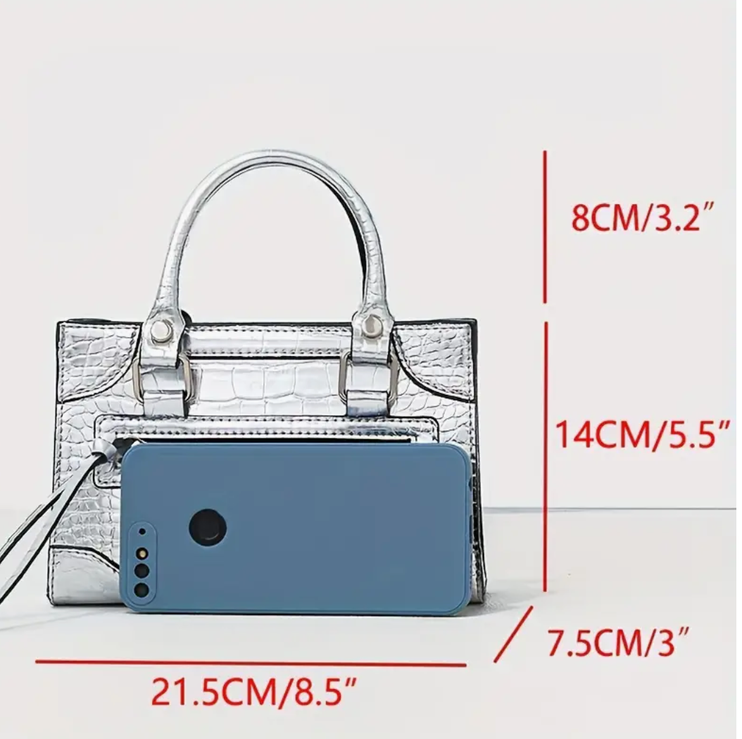 Mini Crocodile Patter Silver Shoulder Faux Leather Cross Body Womans Bag Trending Handbag